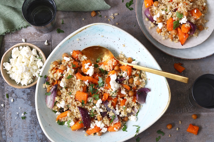 Bulgursalade met pompoen en kikkererwten