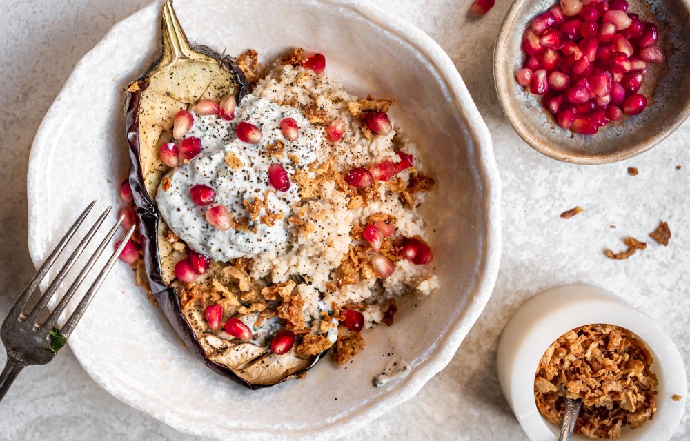 Aubergine en romige couscous met 6 ingrediënten