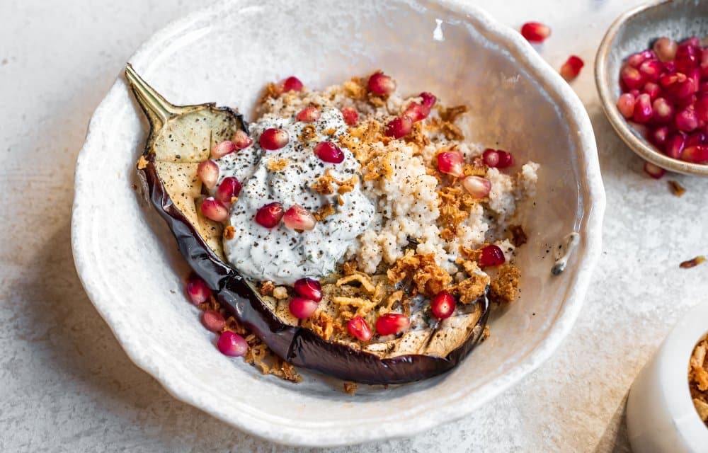 Aubergine en romige couscous met 6 ingrediënten