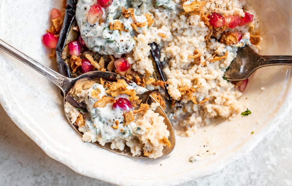 Aubergine en romige couscous met 6 ingrediënten