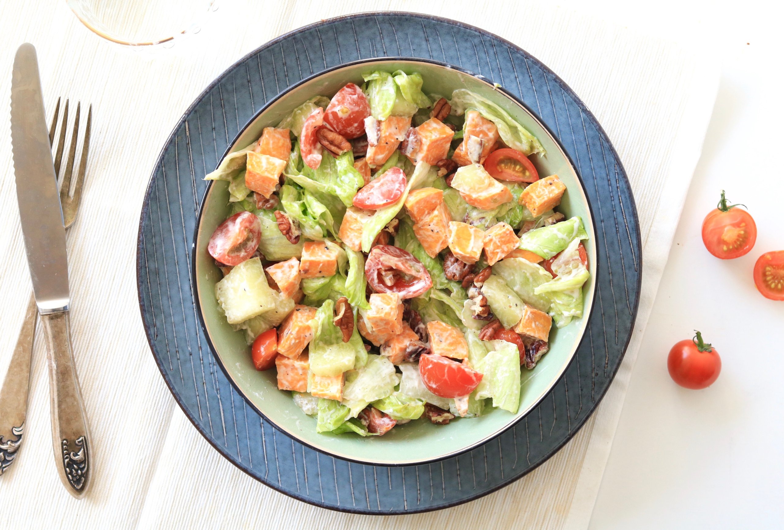 meloensalade met geroosterde zoete aardappel CHICKSLOVEFOOD